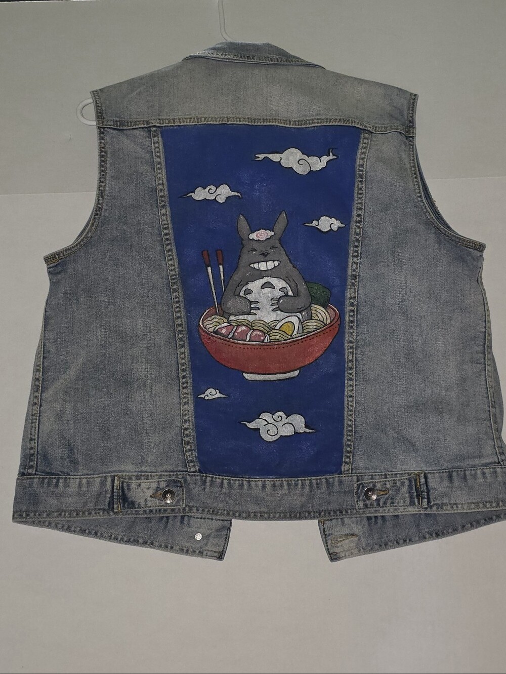 Studio Ghibli Totoro Ramen Hand Painted Jean Vest Womens XL Merona Custom Anime